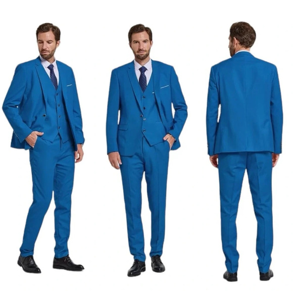 NWT Men's 3 Piece Slim Fit Suit Set, One Button Solid Jacket Vest Pants with Tie - Picture 2 of 8